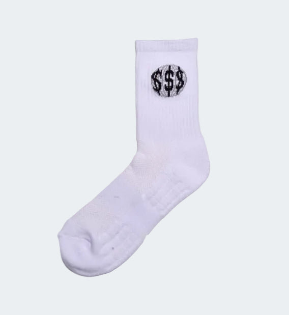 White sock with black dollar sign (deadHYPE Logo Jr Socks) design on a white background